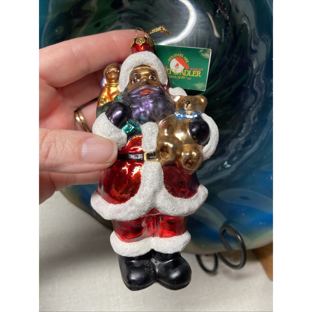 Polonaise Kurt Adler Black American Santa Claus Glass Christmas Ornament Tag+Box